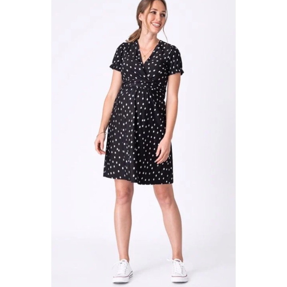 Seraphine Enora Nursing Dress Black Blue Polka Dot Short Sleeve Size 6 NWT